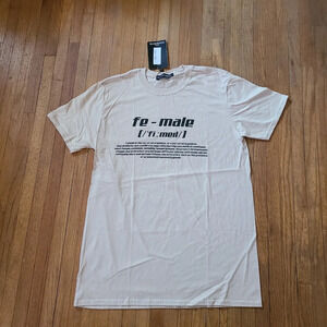 Graphic Tee Reads "Fe-Male" • Tan/Cream • Size Small